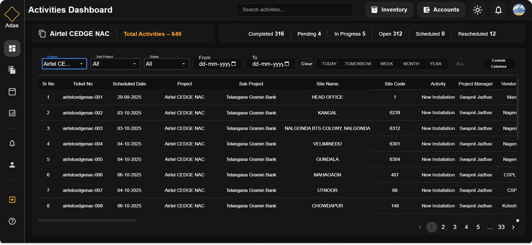 Atlas project management interface
